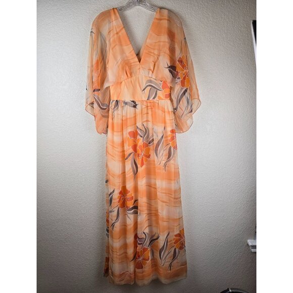 Vintage Edith Flagg Maxi Dress - Orange Floral Chiffon Kaftan Style - Size Small - Picture 4 of 9